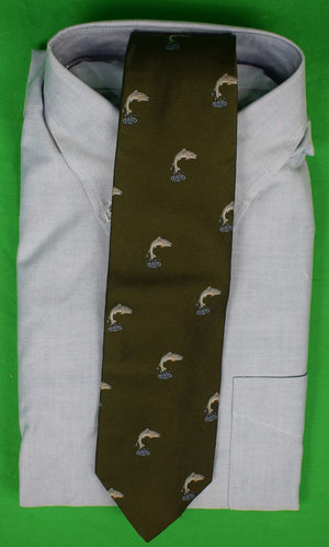 "Brooks Brothers Leaping Trout Olive Italian Silk Twill Tie"