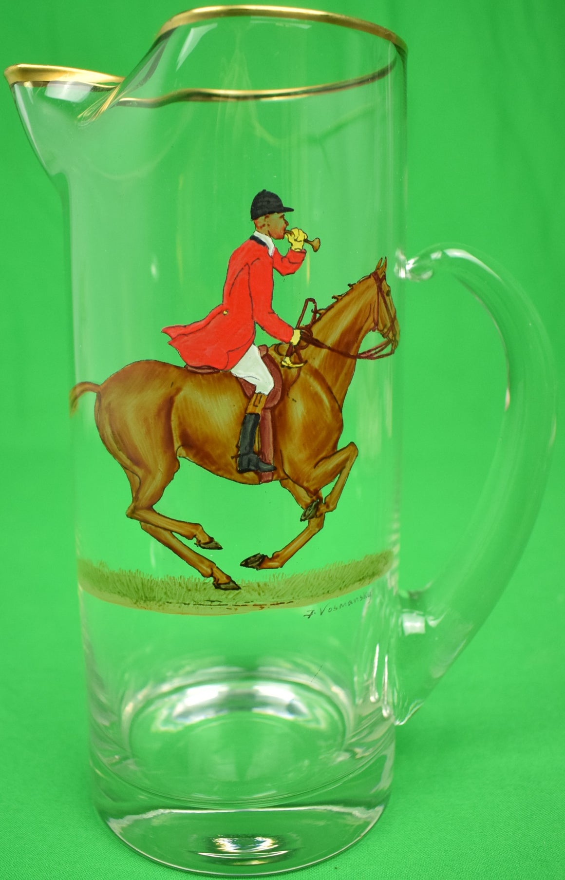 "Abercrombie & Fitch Glass Hand-Painted Fox-Hunter Pitcher by Frank Vosmansky"