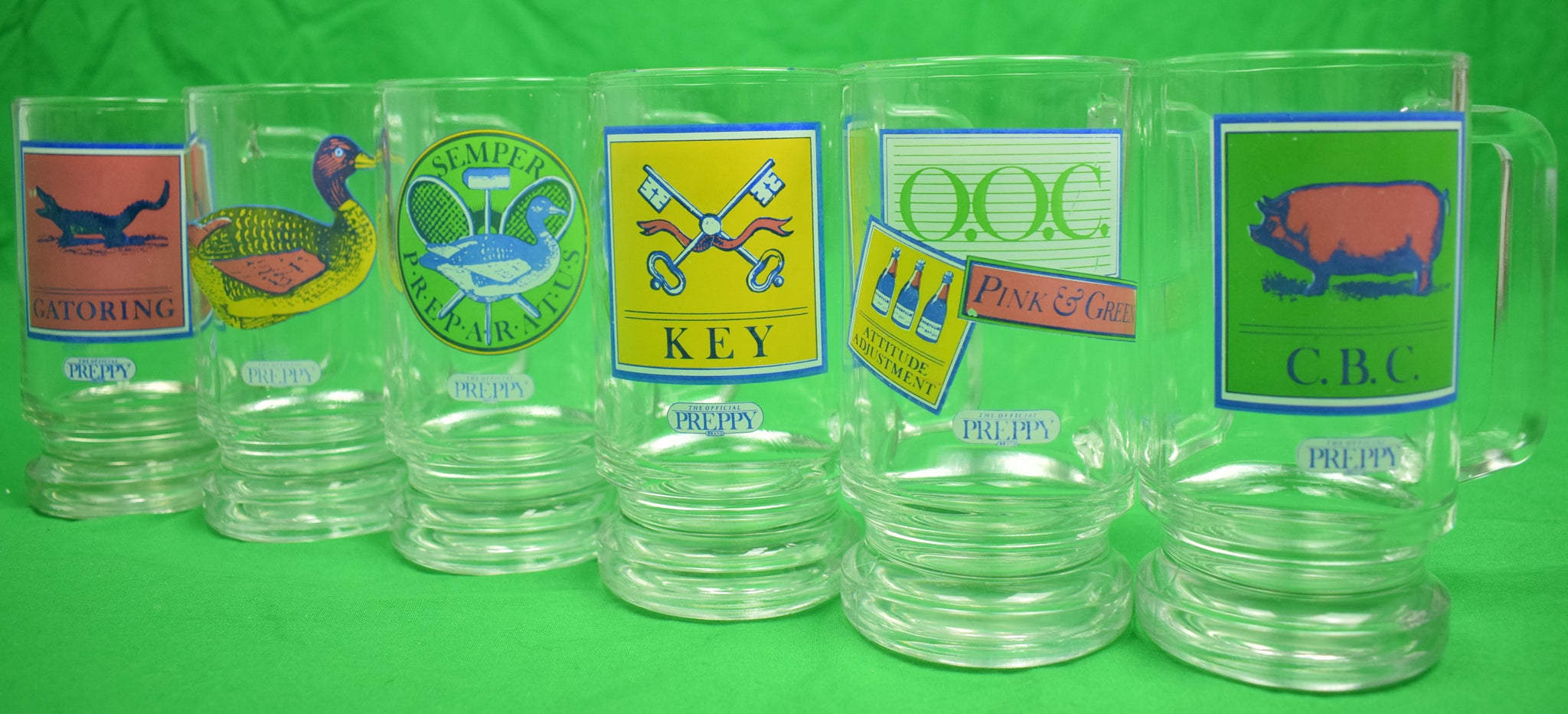 Vintage 1980's THE OFFICIAL PREPPY Brand Beer Mug Drinking Glass - SET of 6