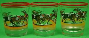 Set Of 3 Hand-Painted Race Horse & Jockey Old Fashioned Bar Glasses