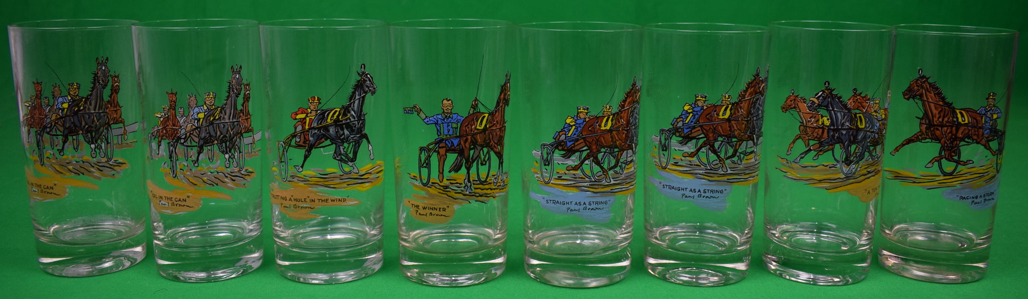Set x 8 Paul Brown Hand-Painted Sulky/ Trotting Highball Glasses