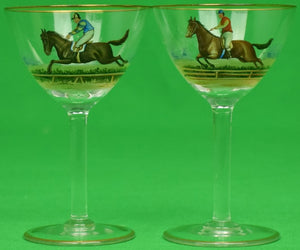 "Pair of Hand-Painted Steeplechase Jockey Cordial Glasses"