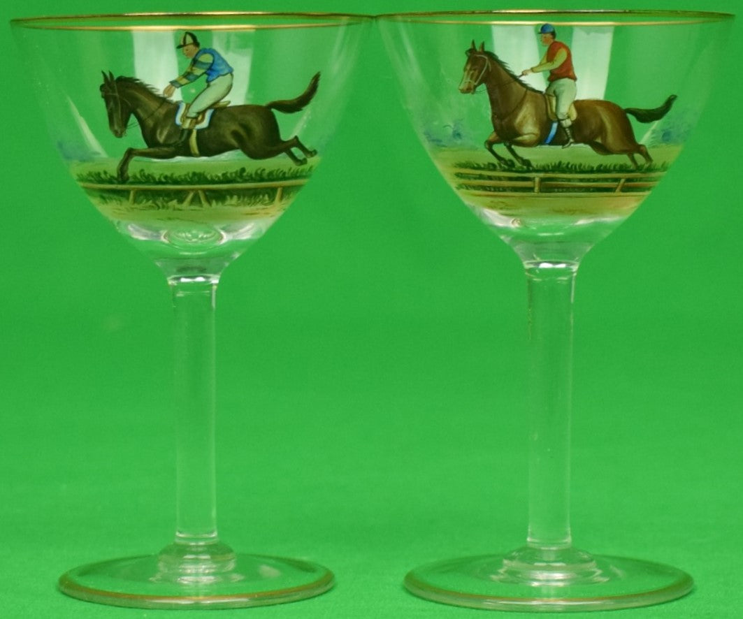 "Pair of Hand-Painted Steeplechase Jockey Cordial Glasses"