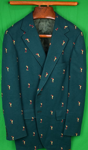 "Chipp Dk Green Doeskin Flannel c1975 Blazer w/ Embroidered Golfers" Sz 44L