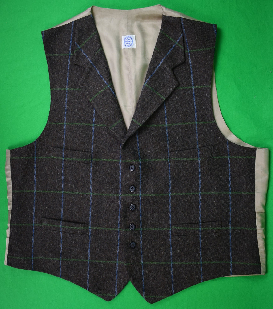 "The Andover Shop Grey Wool w/ Blue/ Green Windowpane Vest w/ Lapel" Sz 44 (SOLD)