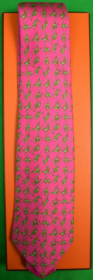 "Hermes Paris Green Monkeys on Pink Silk Tie" (SOLD)