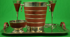 "Five Pc. Cocktail Tray w/ Bucket/ Bowl & Two Goblets w/ Leather Trim"