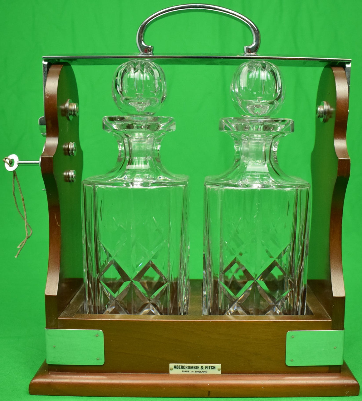 "Abercrombie & Fitch Twin Crystal Decanter Tantalus Cabinet Made in England"