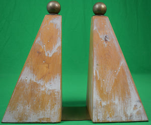 "Pair x Wood Pyramid Block w/ Brass Finial Bookends"