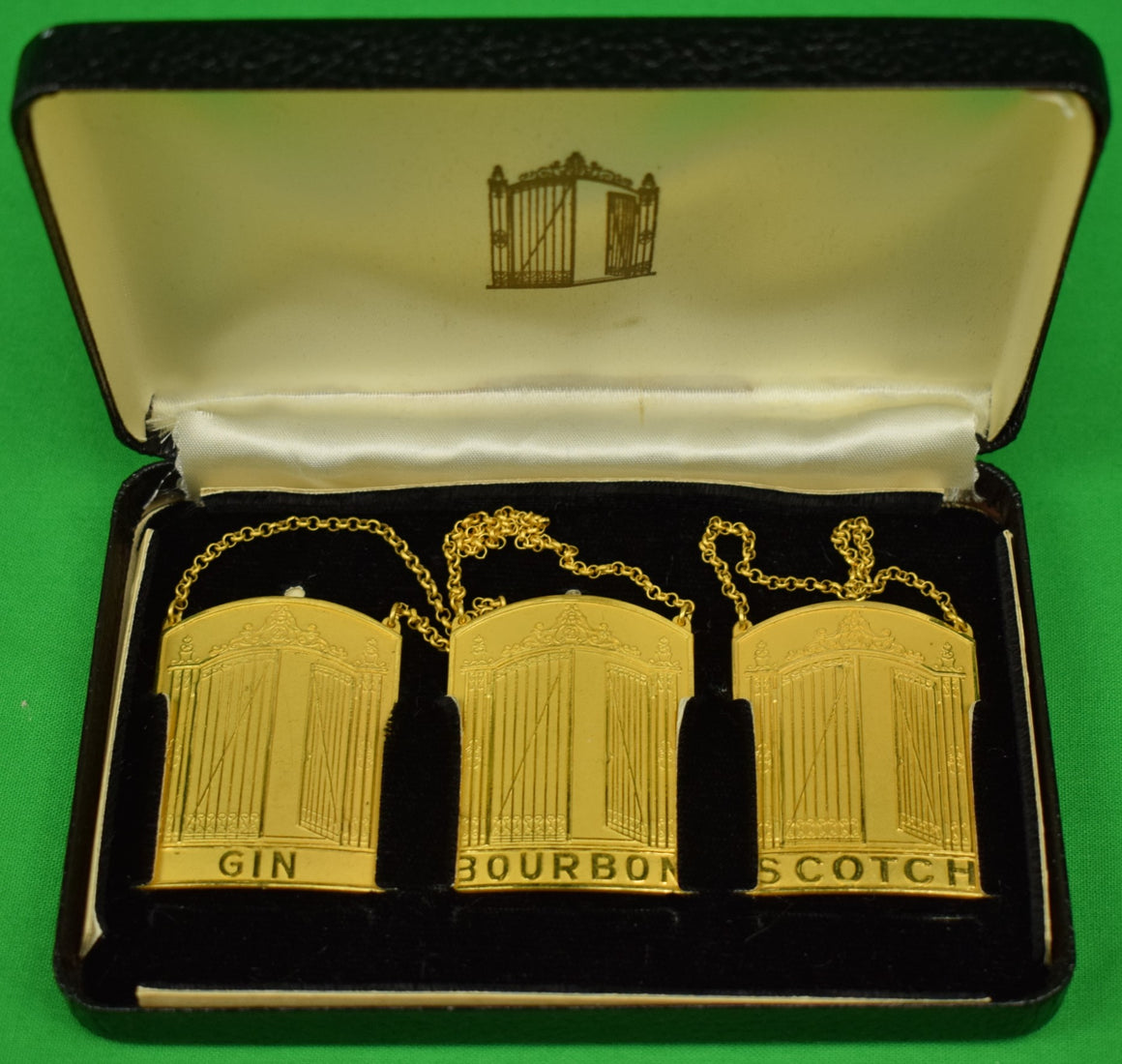 "The "21" Club New York NYC Restaurant 3 Set Gilt Bronze Decanter Tags" (New In "21" Club Box)