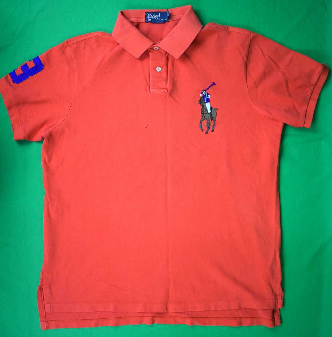"Polo By Ralph Lauren Orange #3 Beaded Polo Player Sport Shirt" Sz XL
