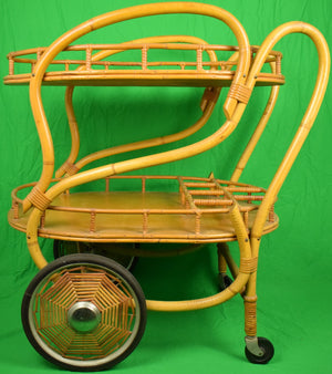 "Vintage Bamboo Twin Tray Bar c1930s Cart w/ Wicker Web Spoke Wheels"