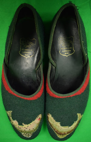 "Hand-Needlepoint W.S. Foster Jermyn St Leaping Trout Green Slippers" Sz: 11