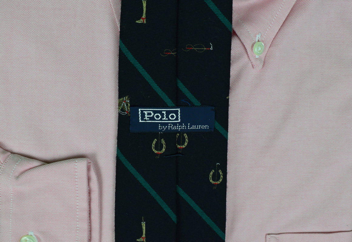 Polo By Ralph Lauren Wool/ Silk Equestrian Motif Black w/ Green Stripe Tie