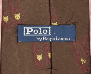 Polo By Ralph Lauren Chocolate Satin Jacquard Silk Tie w/ Fox Mask Slipper Motif