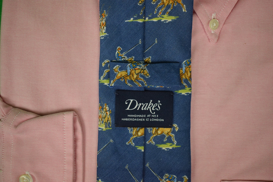 Drake's Handmade At No. 3 Haberdasher St London Blue Polo Player Tie