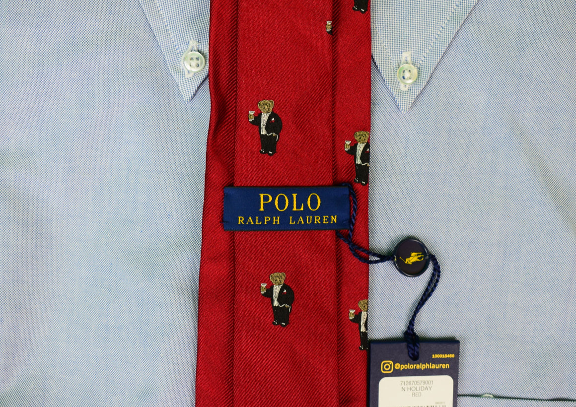 "Polo Ralph Lauren Tux Clad Martini Bear Red Italian Silk Tie" (New w/ RL Tag)