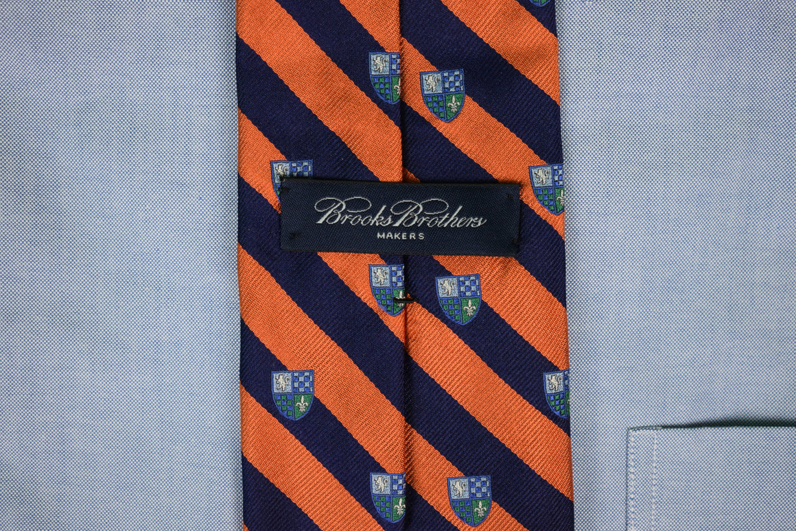 "Brooks Brothers Orange/ Navy Repp Stripe English Silk Tie w/ Heraldic Crest Motif"