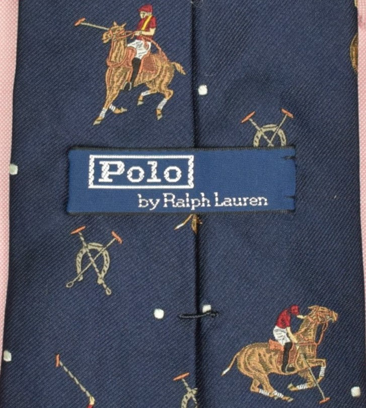 "Polo by Ralph Lauren Navy Jacquard Silk Tie w/ Polo Player Motif"