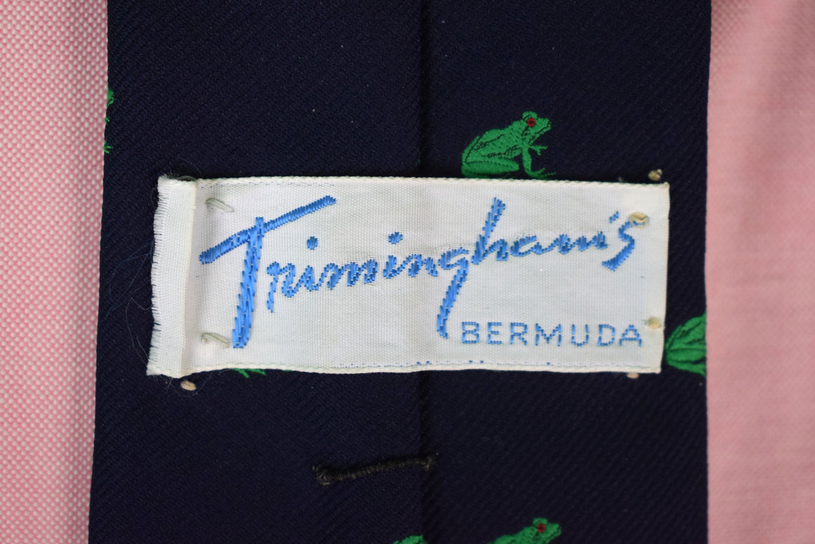 "Trimingham's Bermuda Navy Poly Tie w/  Lime Green Frog Print"