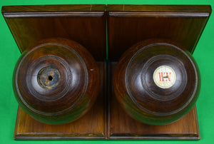 "Pair x Thomas Taylor Glasgow Wooden Lawn Bowls On Bookend Stands"