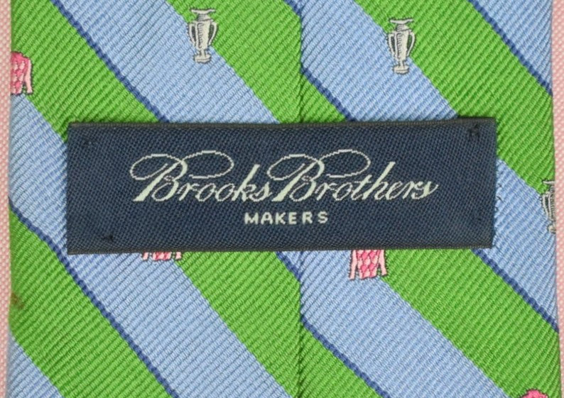 "Brooks Brothers Blue/ Green Stripe Tie w/ Pink Jockey Silks & Trophy" (SOLD)