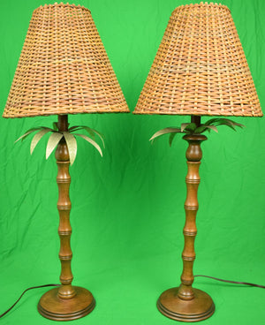 "Pair x English Mahogany Table Lamps w/ Metal Palm Fronds & Faux Bamboo Stems"