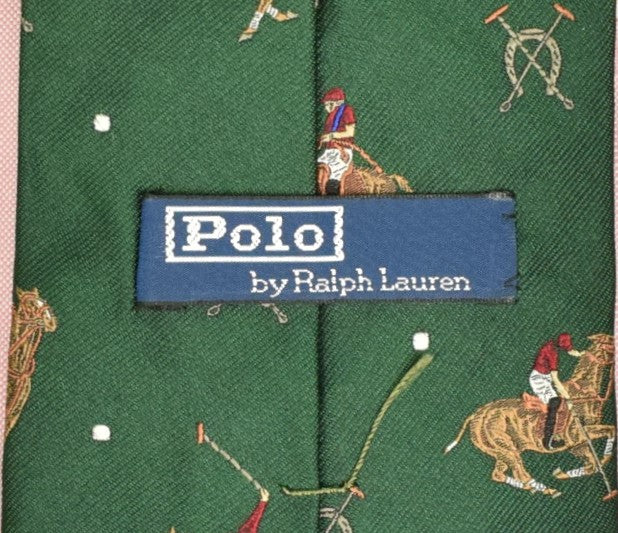 "Polo by Ralph Lauren Hunter Green Polo Player Motif Jacquard Silk Tie"