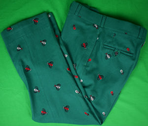 "Emerald Green Flannel Trousers w/ Embroidered Red Wasp Bumblebees" Sz 38 (SOLD)