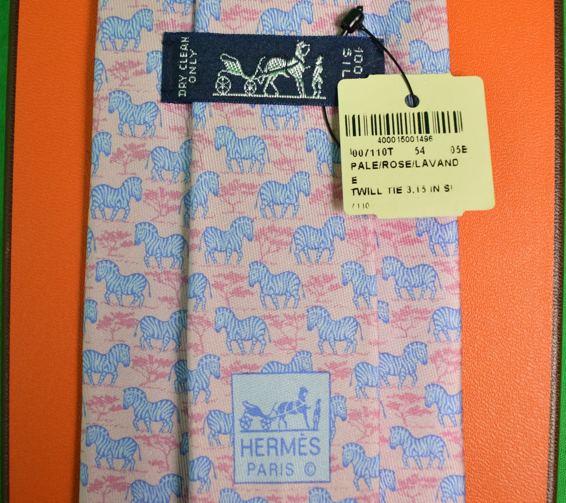 "Hermes Paris Lavender Zebras on Pale Rose Safari Print Tie" (NWT & "H" Box)