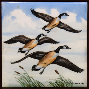 "Pair x Frank Vosmansky x Abercrombie & Fitch Hand-Painted Plaque Canada Geese Leather Bookends"
