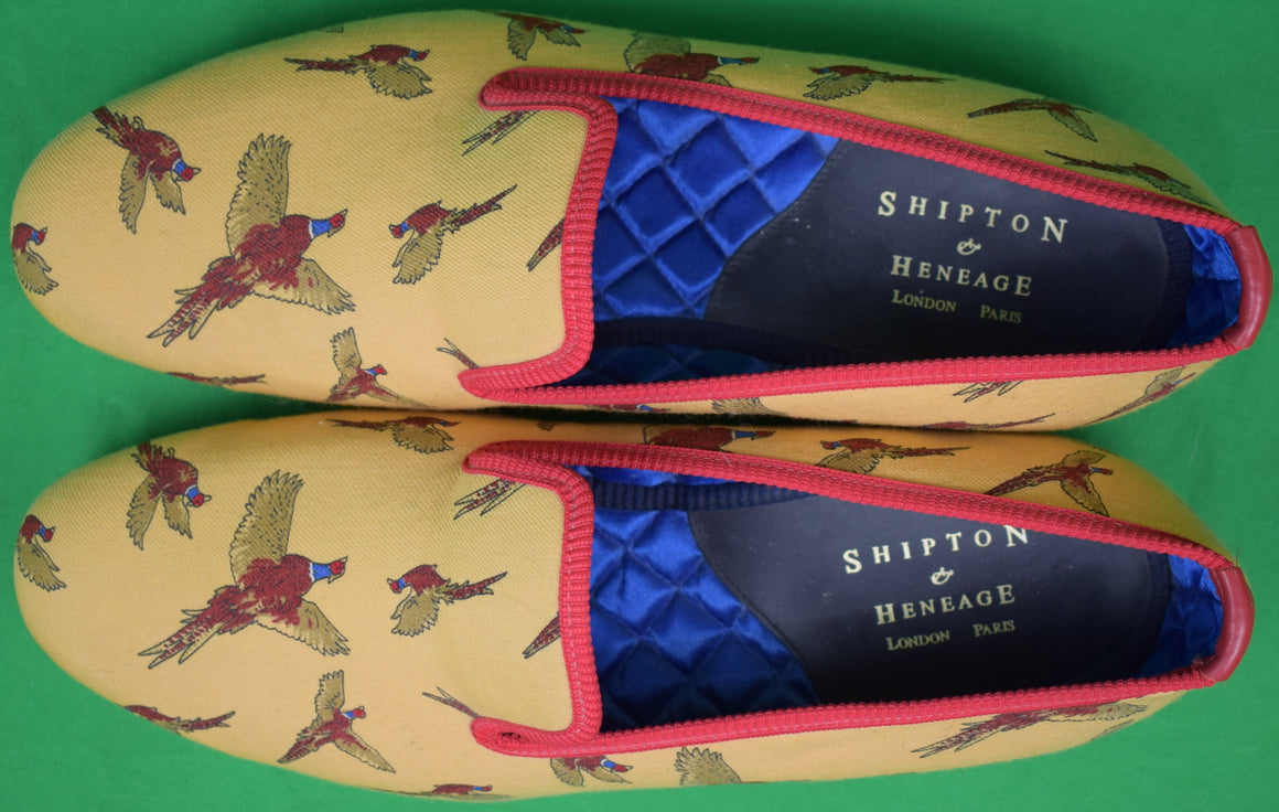 "Shipton & Heneage Yellow Challis Pheasant English Slippers" Sz 12