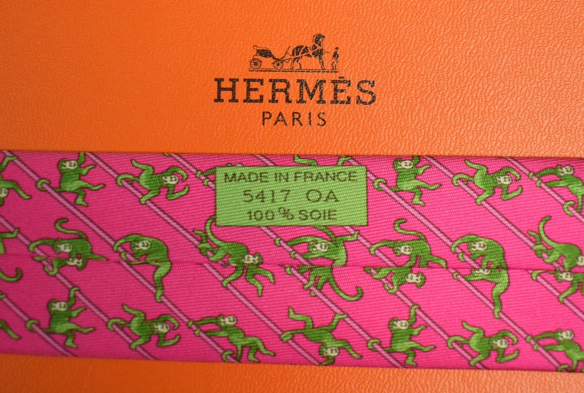 "Hermes Paris Green Monkeys on Pink Silk Tie" (SOLD)