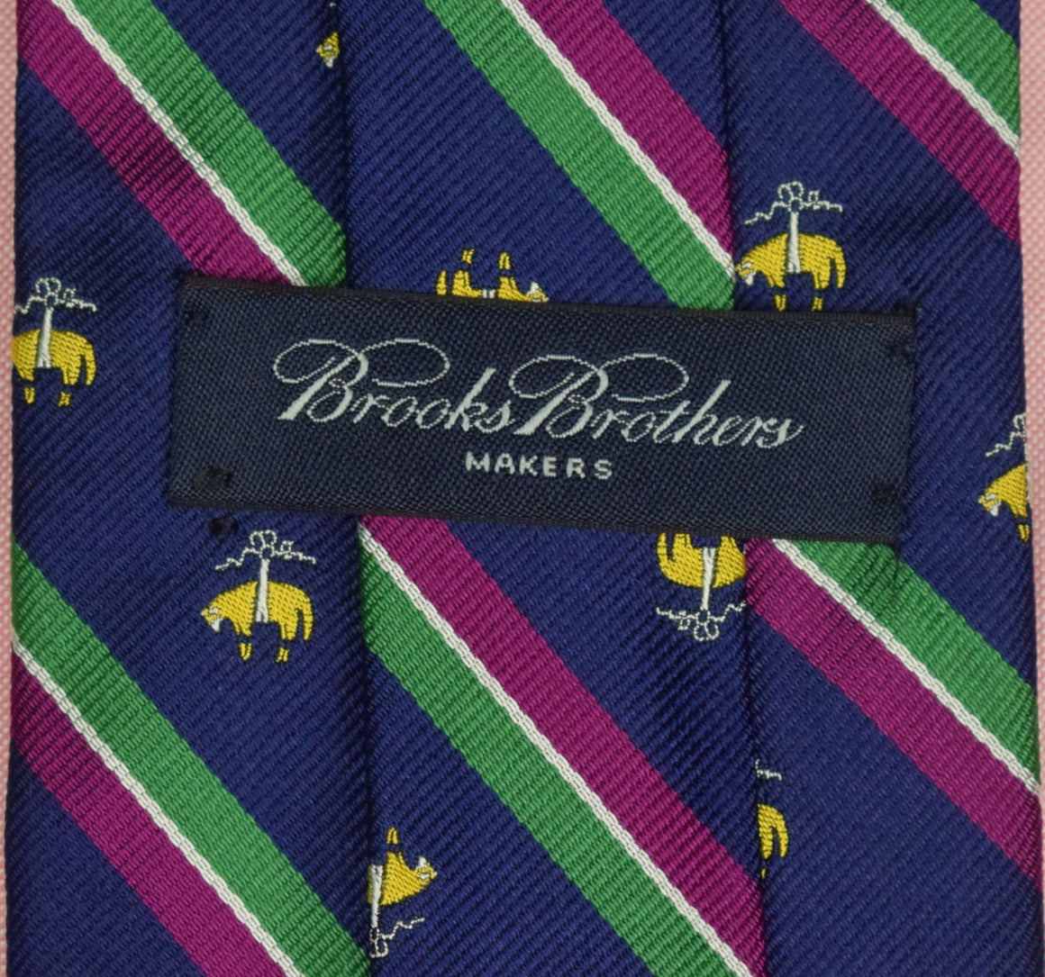 Brooks Brothers Golden Fleece Logo w/ Red & Green Repp Stripe Navy English Silk Club Tie