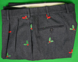 Grey Flannel Pleated Trousers w/ Embroidered Red/ Green Holly Leaves Sz 36"W