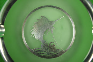 "Rockwell Silver Co Overlay On Frosted Glass Cigar c1930s Ashtray w/ Leaping Sailfish Motif" (SOLD)