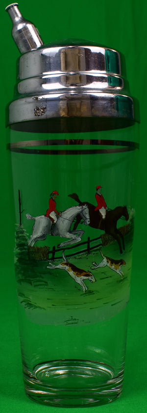 Set Of Hand-Painted Fox-Hunt c1930s Cocktail Shaker & 4 Highball Glasses
