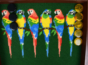 "Hand-Needlepoint Green Backgammon Board w/ Tropical Parrots"