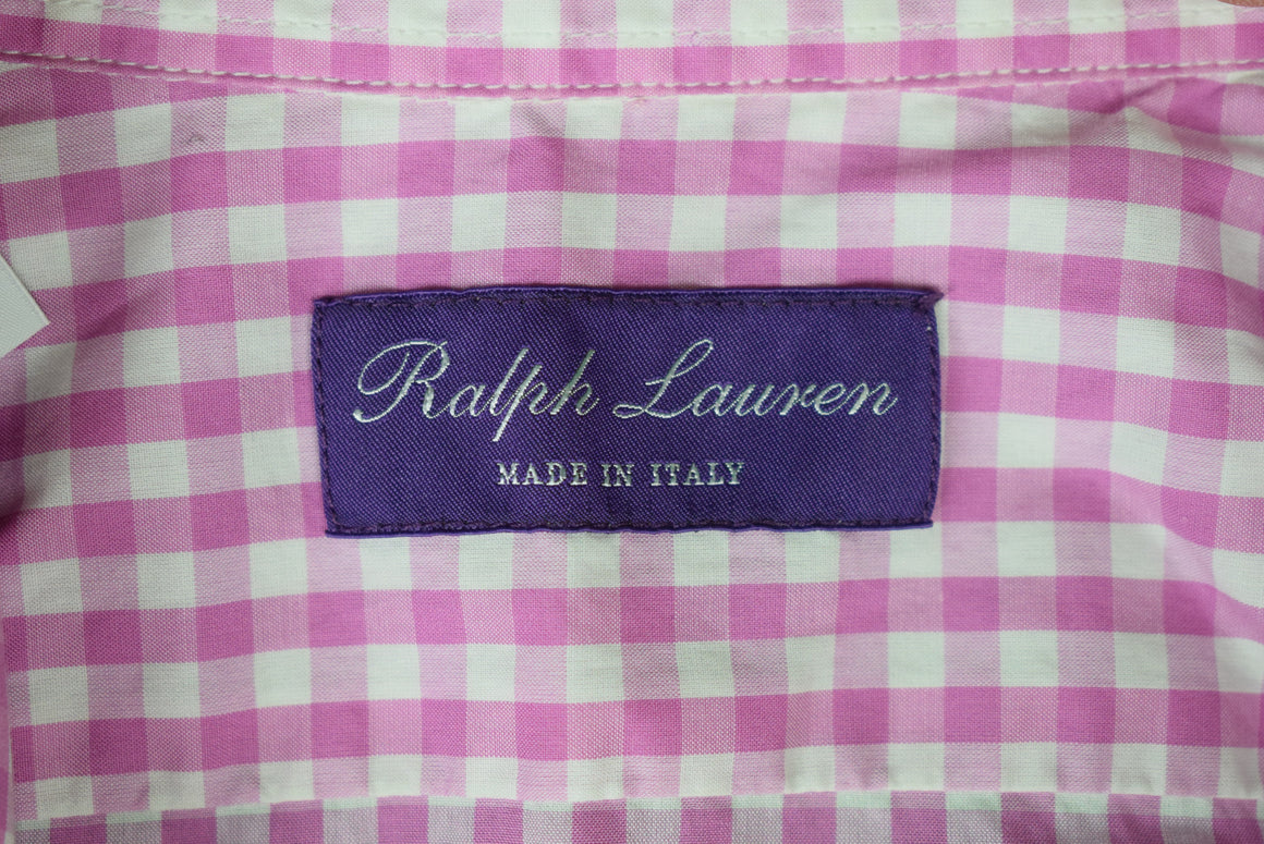 "Ralph Lauren Purple Label Raspberry Gingham Check Spread Collar Shirt" Sz 17.5