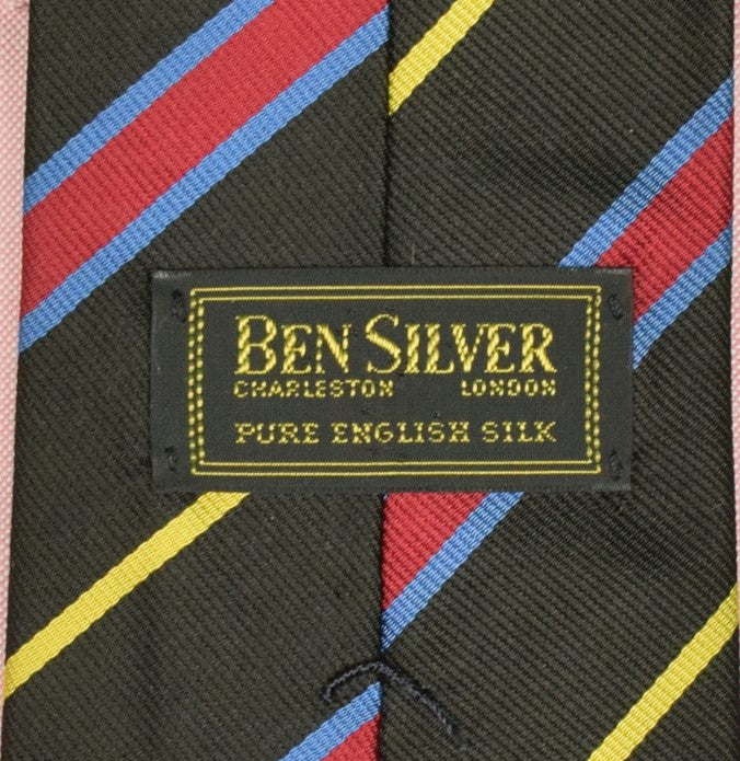 "Ben Silver English Jacquard Silk Repp Black w/ Red/ Blue & Yellow Stripe Tie"