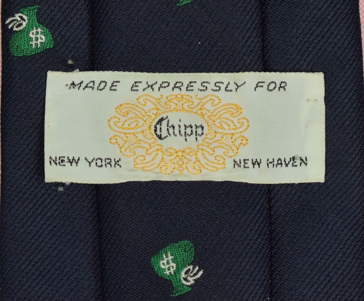 "Chipp Navy Poly Club Tie w/ Green 'Money $ Bags" (SOLD)