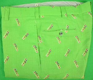 Chipp Lime Green Moygashel Linen Trousers w/ TGIF Nautical Signal Flags Sz: 38"W