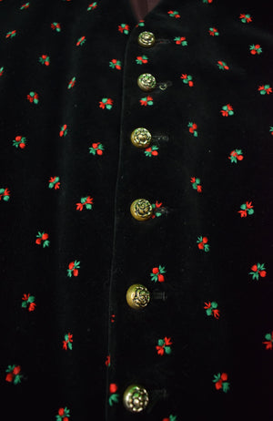 "Black Velvet (7) Button Waistcoat w/ Embroidered Red & Green Holly" Sz: 38 (SOLD)