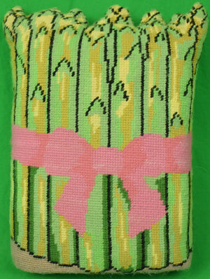 "Hand-Needlepoint Asparagus Pillow w/ Pink Bow"