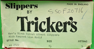 Tricker's Black Velvet Albert Slippers w/ Rampant Lion Motif Sz: 7-1/2