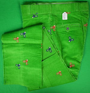 O'Connell's Vintage c1980s Embroidered Corduroy Trousers w/ Tennis Racquets On Green Sz 36 (DEADSTOCK)