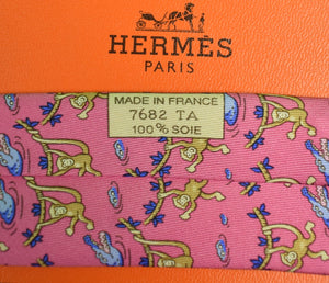 "Hermes Paris Monkeys & Blue Alligators On Rose Silk Tie" (New w/ Tag!) (SOLD)