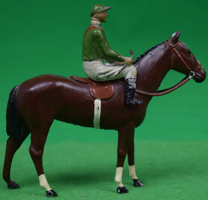 "Britains Jockey In Red Stripe On Green Silks w/ Chestnut Racehorse"