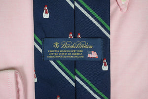 "Brooks Brothers Navy/ Green Stripe Snowman Motif English Silk Tie" (New w/ Tag)