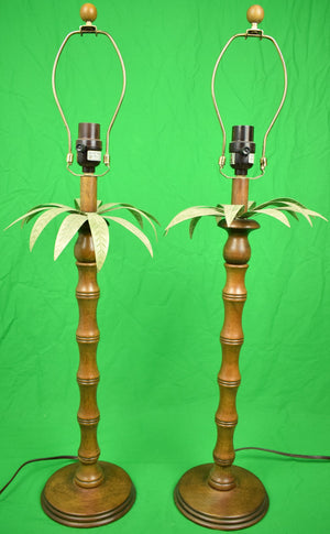 "Pair x English Mahogany Table Lamps w/ Metal Palm Fronds & Faux Bamboo Stems"